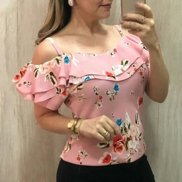 S-5XL Women's Off Shoulder Blouse 2019 Summer Flowers Print Oversized Tops Ladies Casual Ruffle Sleeve Loose Shirt Plus Size - 33022343425