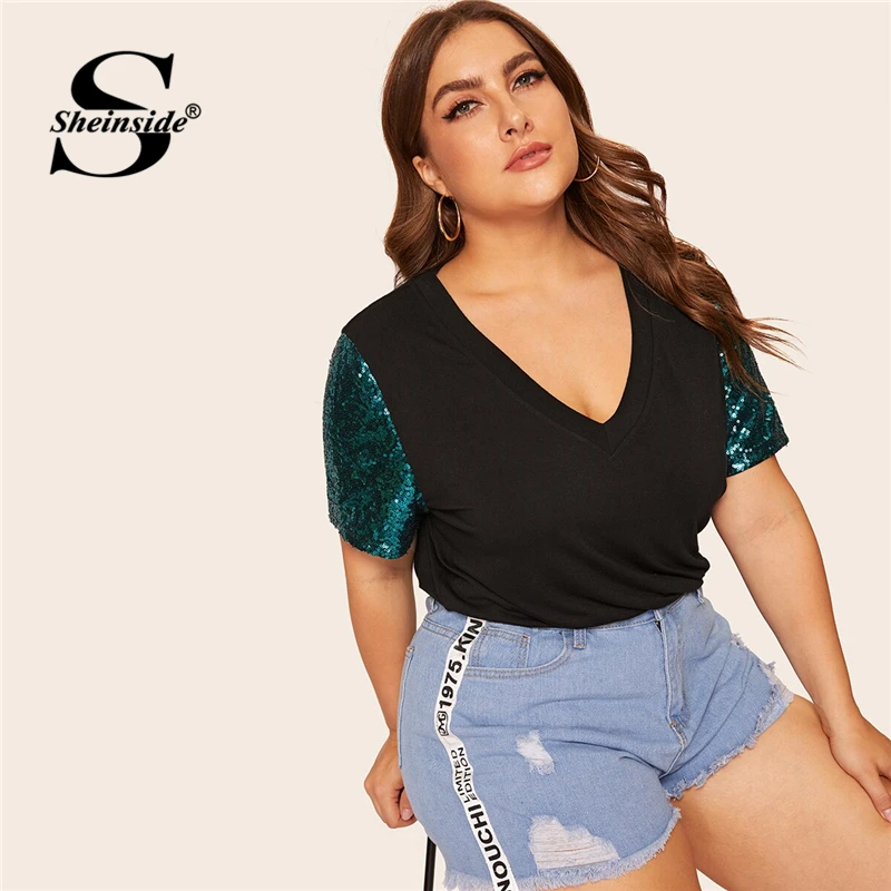 

Sheinside Plus Size Casual Contrast Sequin Sleeve Tee Women 2019 Summer Patchwork V Neck Tee Ladies Basic Minimalist Top