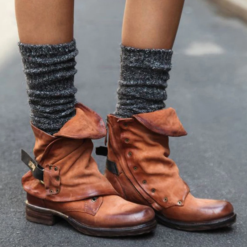 

Road Track Women Boots Zipper Square Heel Round Toe Shoes Mid-Calf Buckle Solid Autumn Winter Boots Female Drop Shipping
