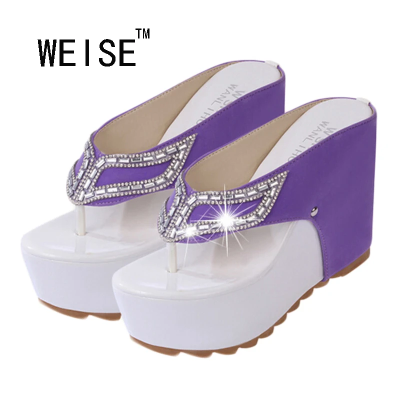 

WEISE Free Shipping Thick Bottom Platform Flip Flops Rhinestone Wedge Heel Shoes Patchwork Woman Summer Sandals