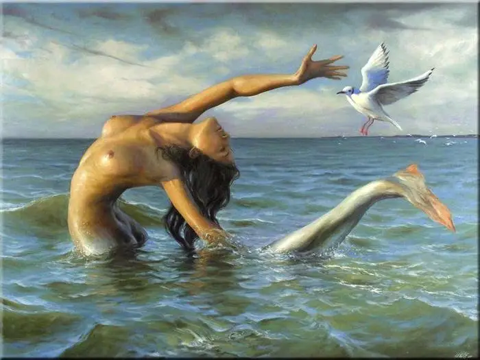 

High Quality Hand Painted Oil Painting on Canvas Nude The Mermaid and Seagull Modern Art wall pictures for living room quadro