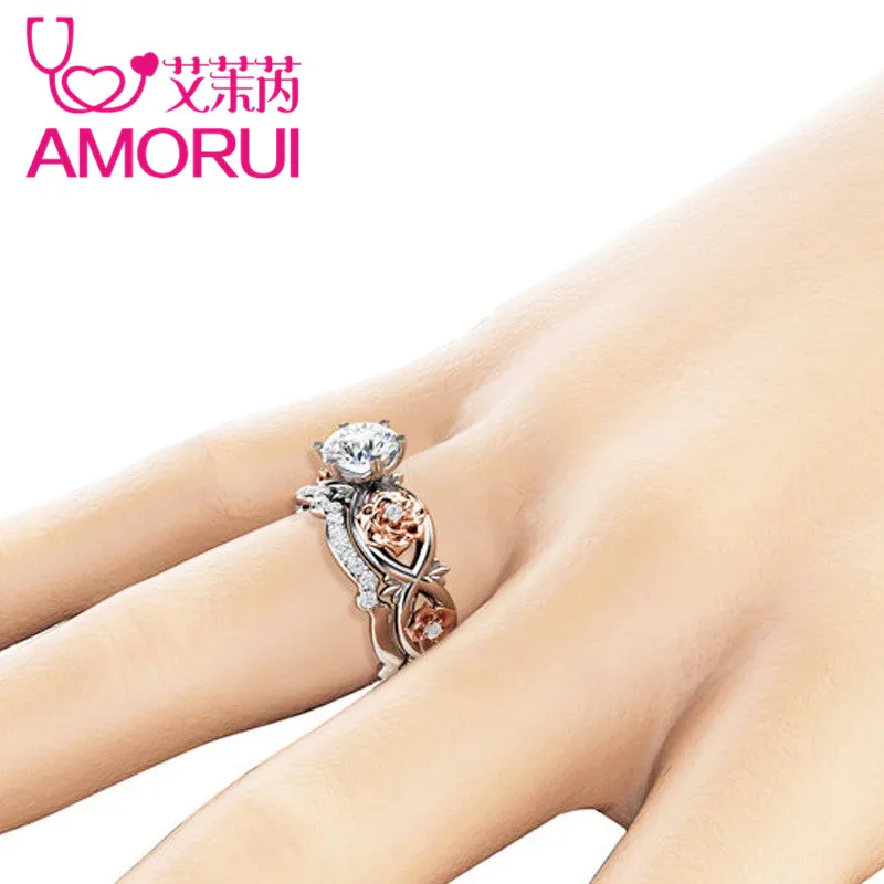 AMORU Rose Flower CZ Stone Wedding Rings for Women Jewelry Crystal Love Engagement Silver Ring Set Dropshipping Bague Femme Gift