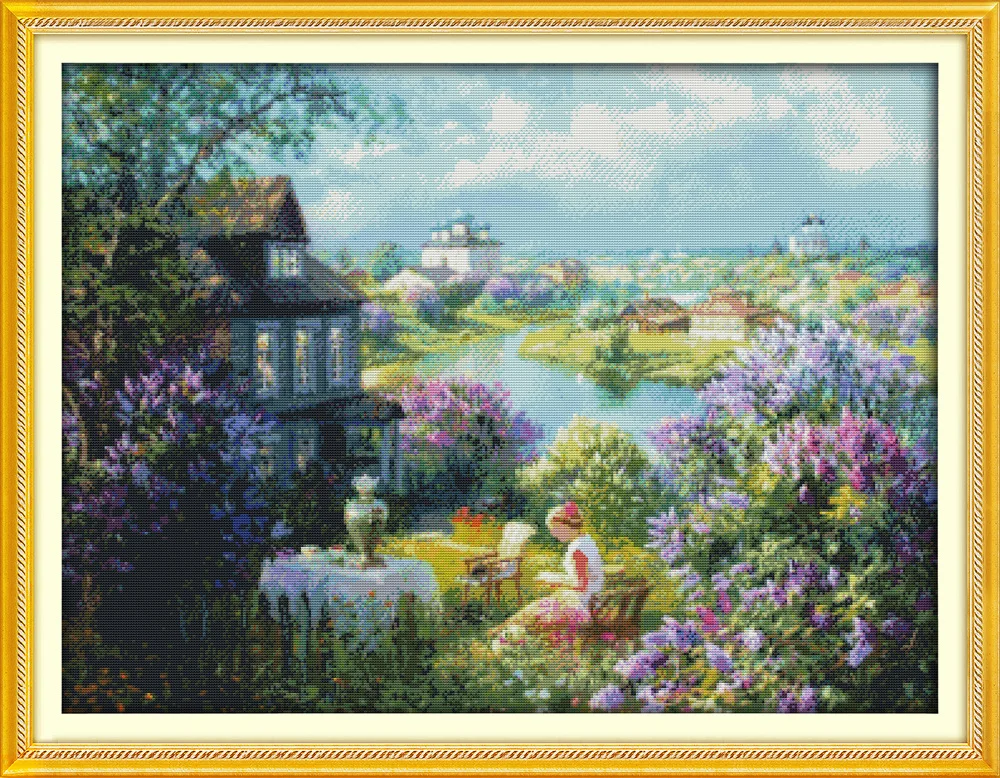

oneroom Beautiful Town of autumn Printed Canvas DMC Counted Cross Stitch Kits printed Cross-stitch set Embroidery Needlework
