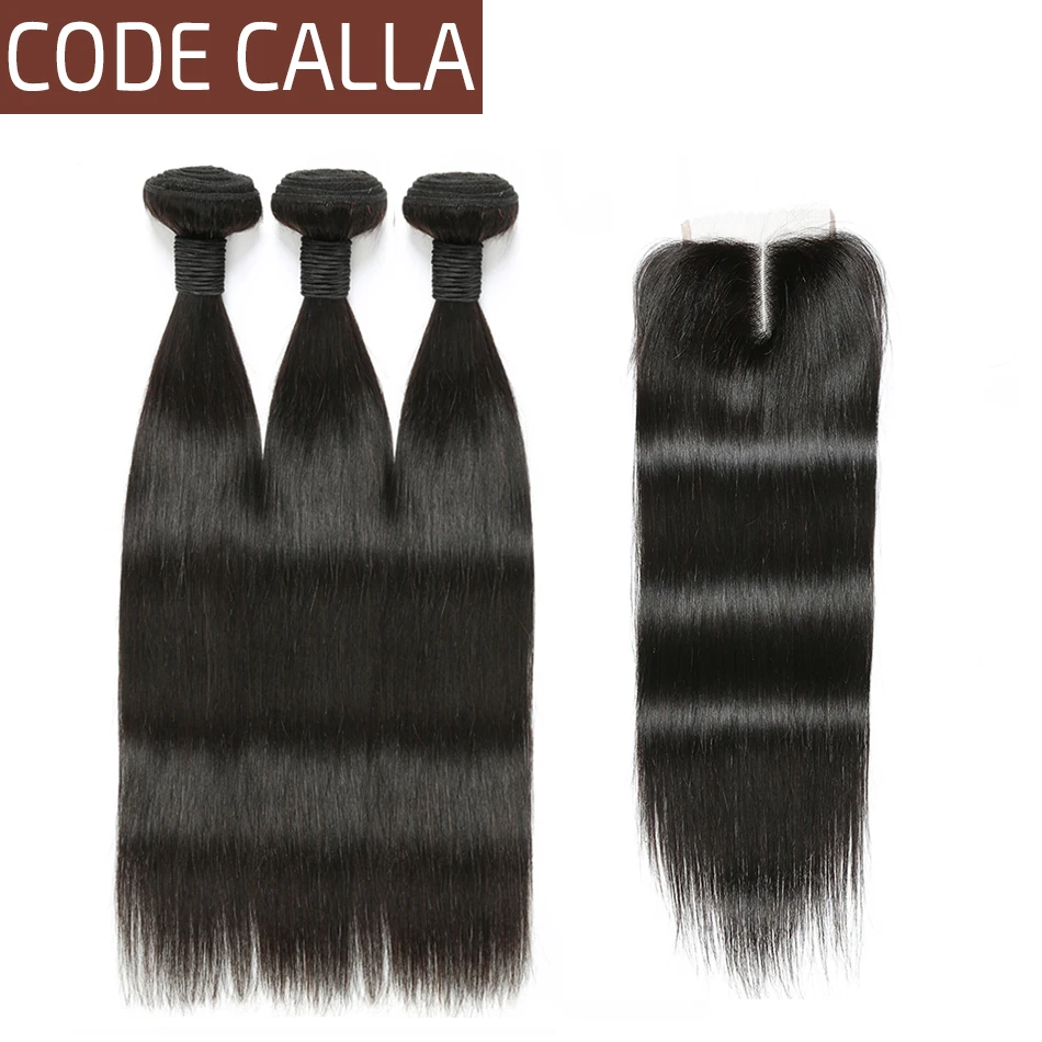 

Code Calla Brazilian Straight Hair Weave Bundles With 4*4 Lace Closure 100% Non Remy Human Hair Extensions Bundles Natural Black