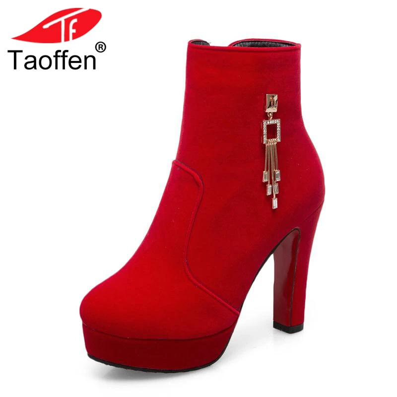 

TAOFFEN Size 34-43 Ankle Winter Boots Women High Heel Warm Boots Platform Metal Crystal Woman'S Shoes Sexy Ladies Shoes