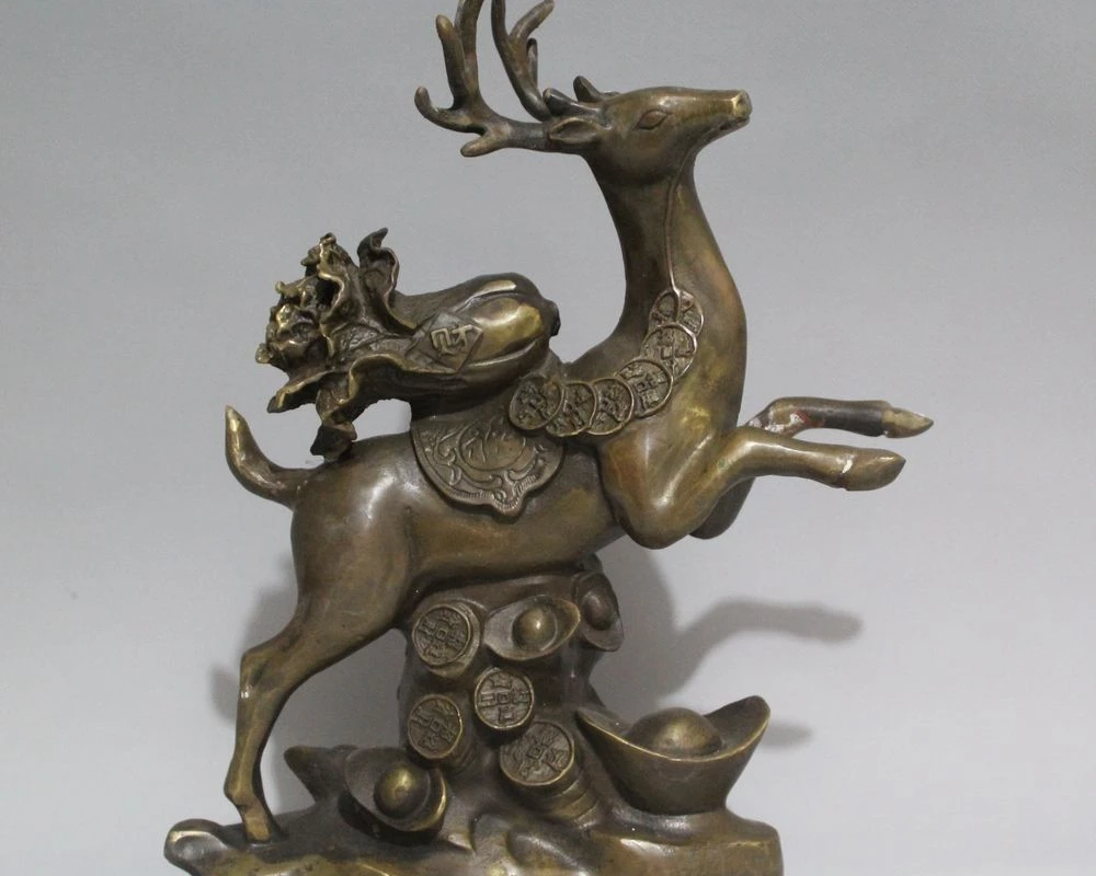 

11" Chinese Bronze Cabbage Wealth Yuanbao Spotted Deer Sika Animal Statue