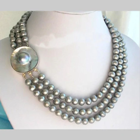 

New Arriver Pearl Necklace,Super 3 Rows 9-10mm Gray Color Freshwater Cultured Pearl Jewellery,Mabe Clasp,Free Shipping