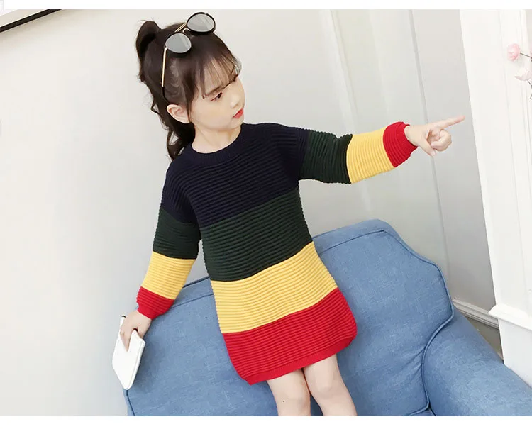 2018 autumn winter patchwork striped knit dresses for teenage girls sweater clothing kids fleece warm knitting dress clothes (12)