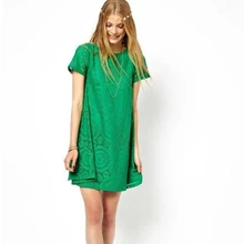 Plus Size Loose Mini Hollow Party Dress Summer Short Sleeves A Line O-Neck Lace Club Dress Solid Hollow Out Bohemian Short Dress navy lace hollow out short sleeves mini dresses with lace up design