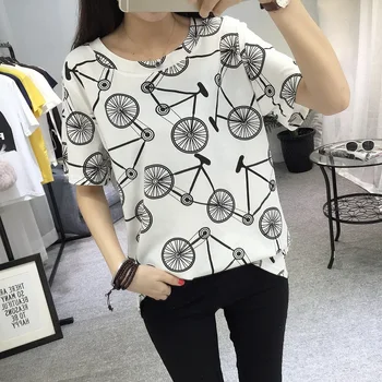 

3xl plus big size blusas feminina spring summer 2017 korean women white bike cat cute sweet print tshirts female A3058