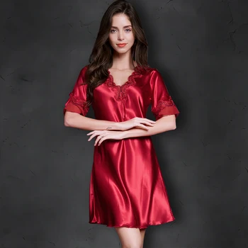 

Flare Cool Silk Summer Dress Women Embroidery Pijama Sexy Lingerie Half Sleeve Nightgown V Neck Sleepwear Night Dress Home Wear