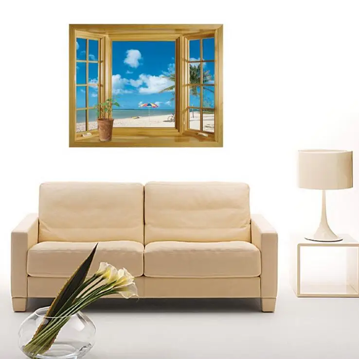 sandy beach sea 3d window view scenery wall stickers living room