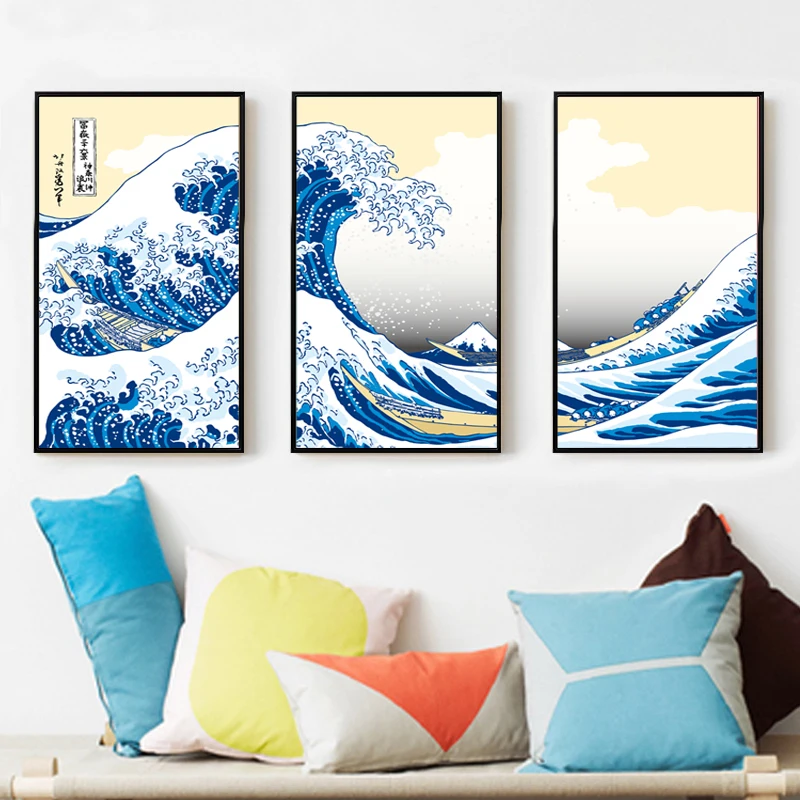 

3 Pcs Wave Kanagawa Katsushika Hokusai japanese pictures canvas art Painting poster Home Decoration on the Wall for living room