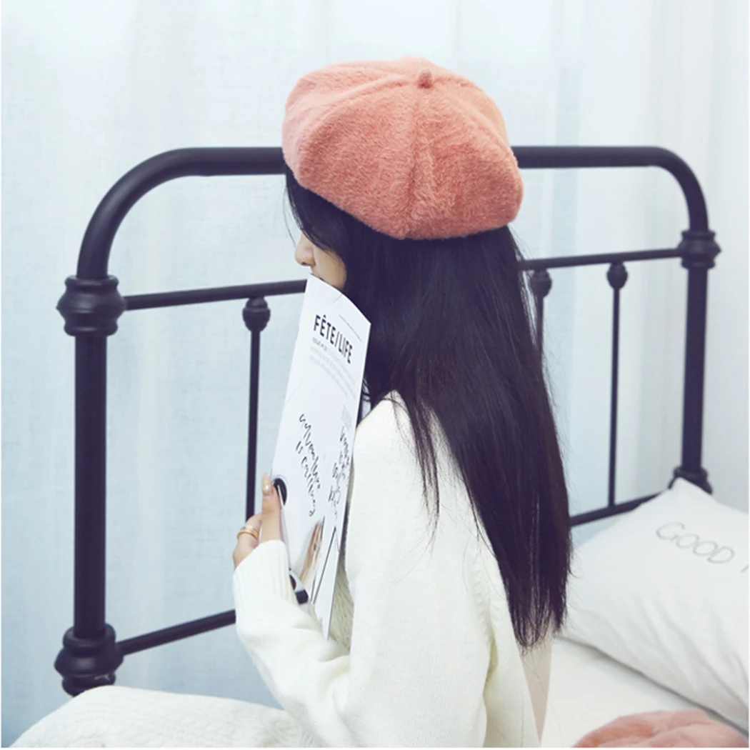 Для женщин берет волосатые шерсть головной убор в французском стиле осень-зима трикотажные теплые Baret Кепки s шапка boina в английском стиле