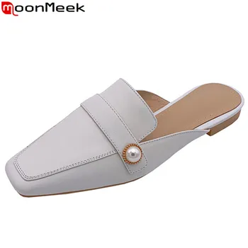 

MoonMeek fashion new flat shoes woman square toe genuine leather shoes women casual mules ladies shoes slingback flats women