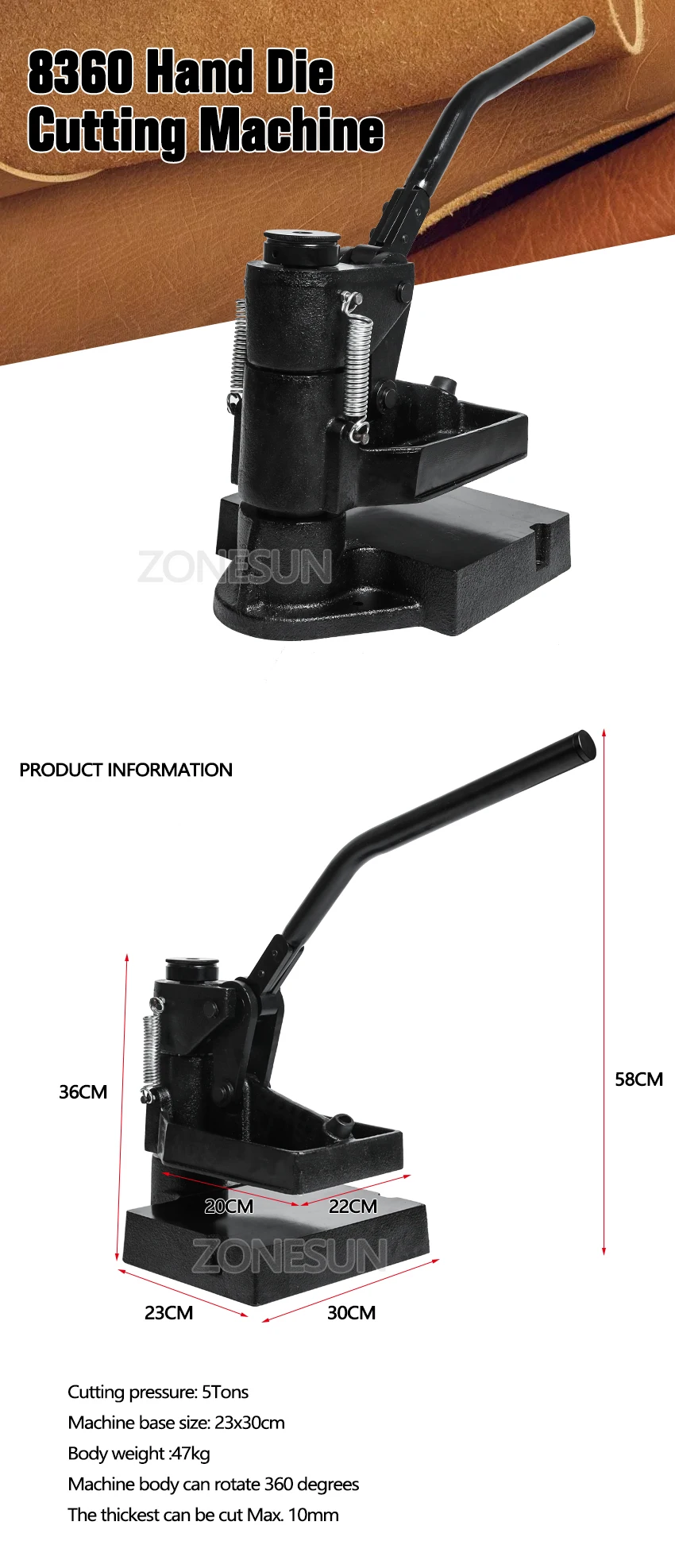 ZONESUN 8360 ручной пробоотборник давления, лазерный нож пресс-форма машина для штамповки кожи, Ручной пресс для вырубки кожи высечки