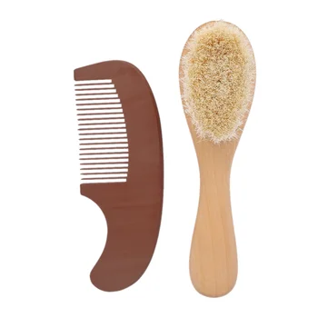 

2Pcs Baby Hair Brush Comb Set Newborn Hairbrush Kit Infant Comb Soft Wool Hair Wooden Handle Scalp Massage