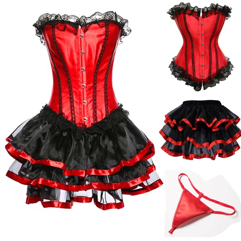 

3pcs Women Burlesque Dancer Dress Witch Halloween Sexy Underbust Bustier Corset Mini skirt Gothic Corset Dress With Skirt S-6XL