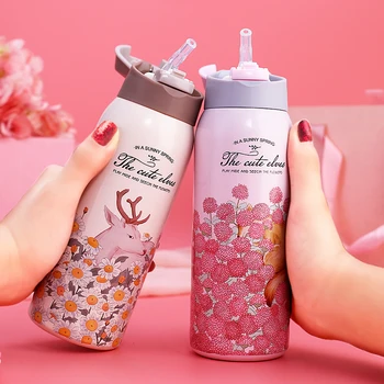 

Thermal Flask With Straw Stainless Steel Sport Insulation Cup 350ml 450ml Portable Water Bottle Vacuum Mug With Tube Brush
