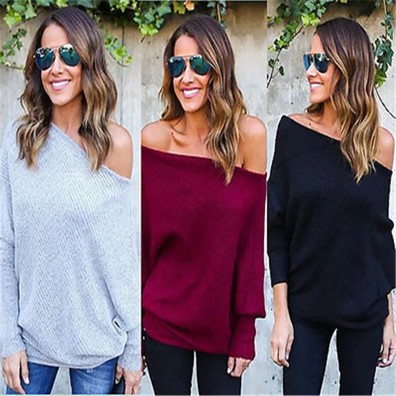 

Winter Women Sweater New Casual Long Sleeve Knitted Pullover Loose Sweater Jumper Tops Knitwear Off One Shoulder Pullover