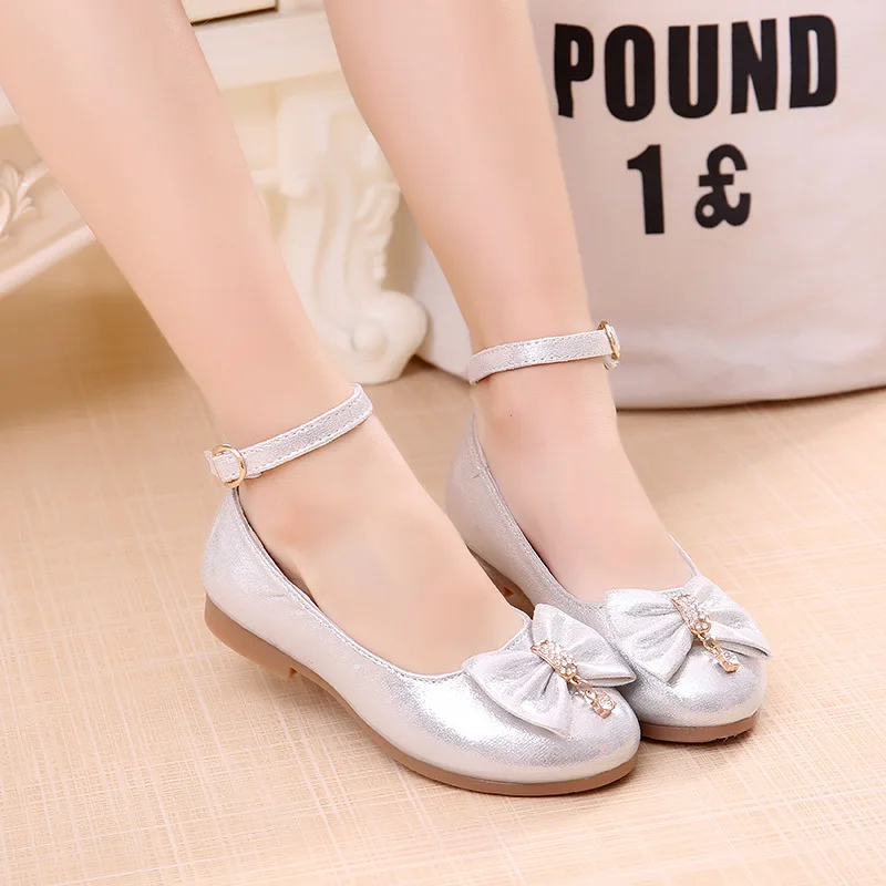 

New Flowers Children Little Girls Kids Baby Silver Gold Wedding Party Princess Leather Shoes For Girls Sweet Bow Dress Shoes