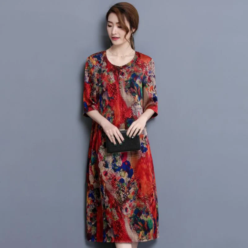 

Elegant Imitate Real Silk Dresses 2018 New Summer Vintage A-line Print Dress Loose O-Neck Fashion Plus Size 4XL long Dresses 817