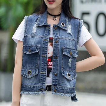 

Fashion Autumn New Jeans Vest Eyelet For Women's Burr Trend Denim Vests Chaleco Vaquero Mujer Frayed Sleeveless Female Jackets