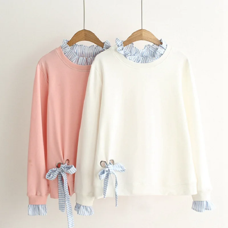 

Harajuku Kawaii Long Sleeve Hoodies Crop Tops Japan Style Women Ruffled Loose Sweatshirts Patchwork Bow Short Pullovers
