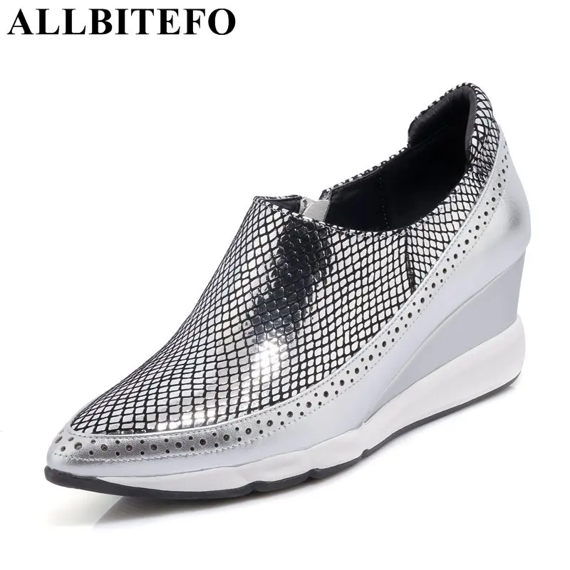 

ALLBITEFO real genuine leather pointed toe wedges heel casual women pumps high heel shoes girls fashion high heels Sra zapato