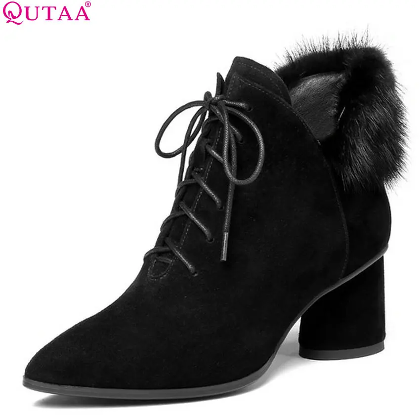 

QUTAA 2019 Women Ankle Boots Winter Boots Cow Suede Sexy Square High Heel Winter Shoes Women Motorcycle Boots Big Size 34-42