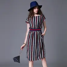2016 summer new european leisure fashion women clothing short sleeve round collar head over empire slim stripe mid-long dresses