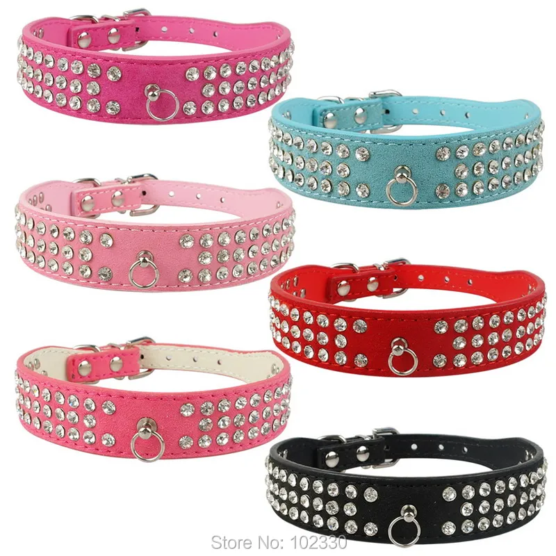 3 Rows Rhinestones Suede Leather Dog Collars Crystal Diamante Dogs Cat ...