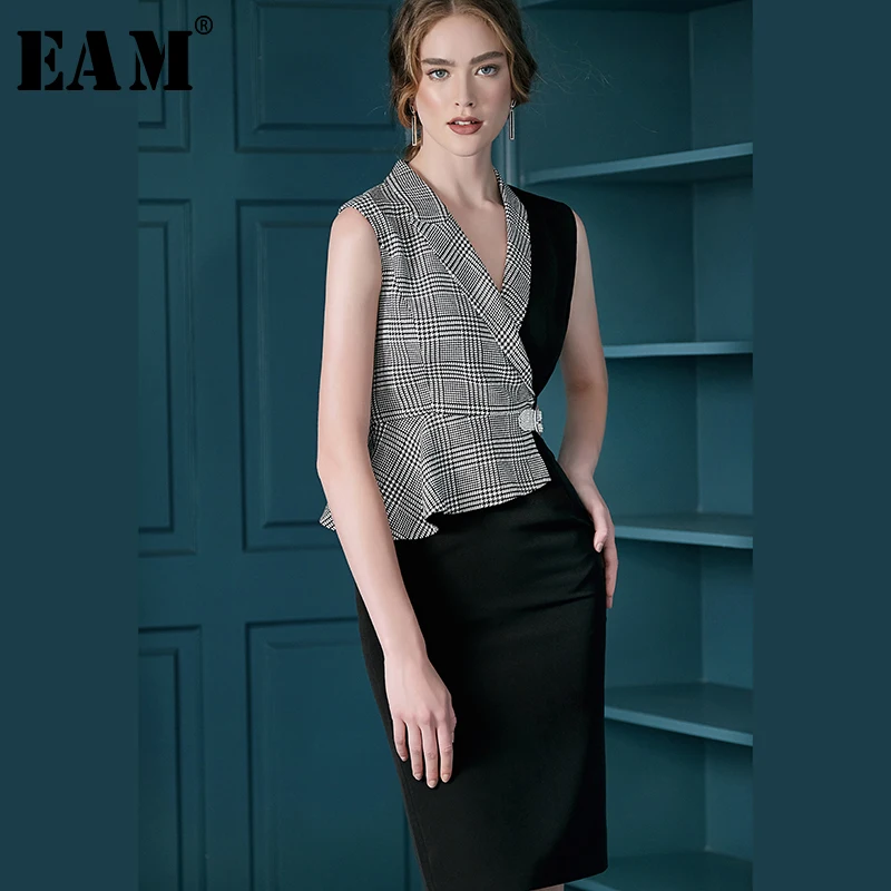 

[EAM] 2019 New Spring Summer V- Neck Sleeveless Black Plaid Printed Split Joint Loose Vest Dress Women Fashion Tide JW151