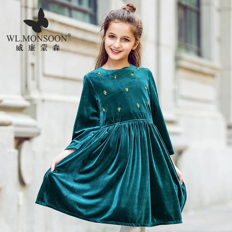 W.L.MONSOON Girls Dress Autumn 2017 New Children's Baby Velvet Long sleeved Pleated Skirt Little