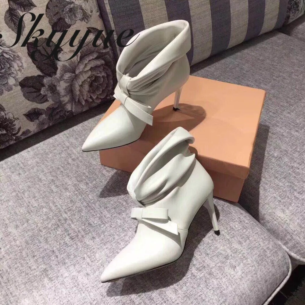 

SKYYUE New Genuine Leather Pleated Leather Women Ankle Boots Sexy Pointed Toe Thin HIgh Heel Autumn Winter Boots Shoes Women