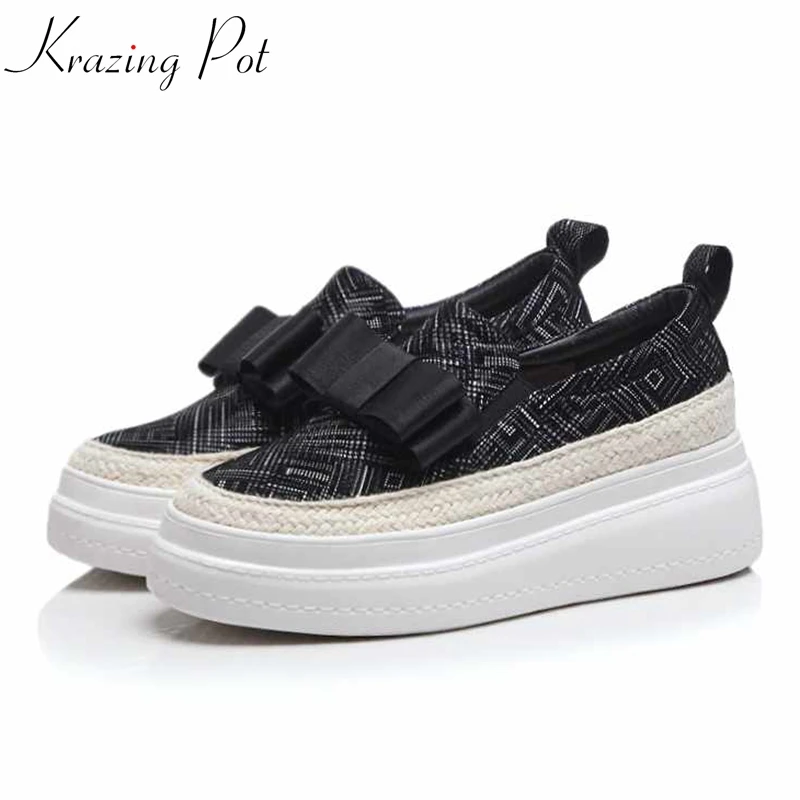 

Krazing Pot sheep leather Autumn season flat platform mixed color round toe casual bowtie British style vulcanized shoes L0f3