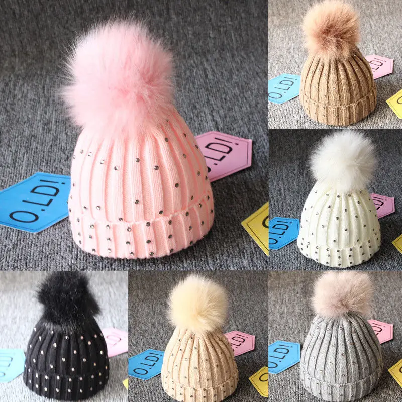 

girl Pom Pom Beanie Warm Knitted Bobble Kids Fur Pompom Hat Children Real Raccoon Fur Pompon Sequins Winter Hat Cap