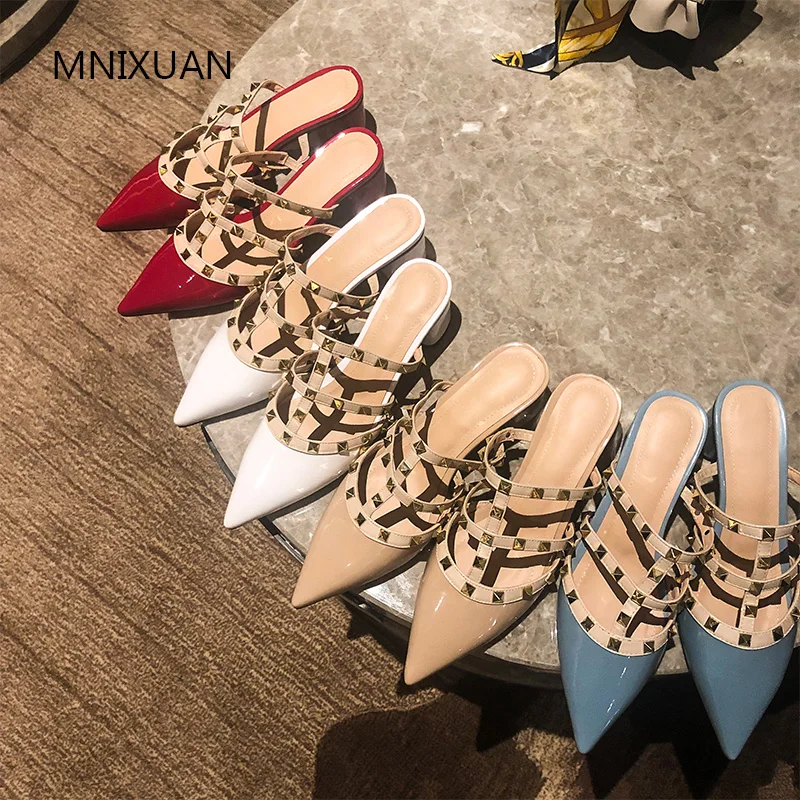 

MNIXUAN Fashion summer women shoes gladiator sandals 2019new pointed toe patent leather rivets big size high heels big size34-43