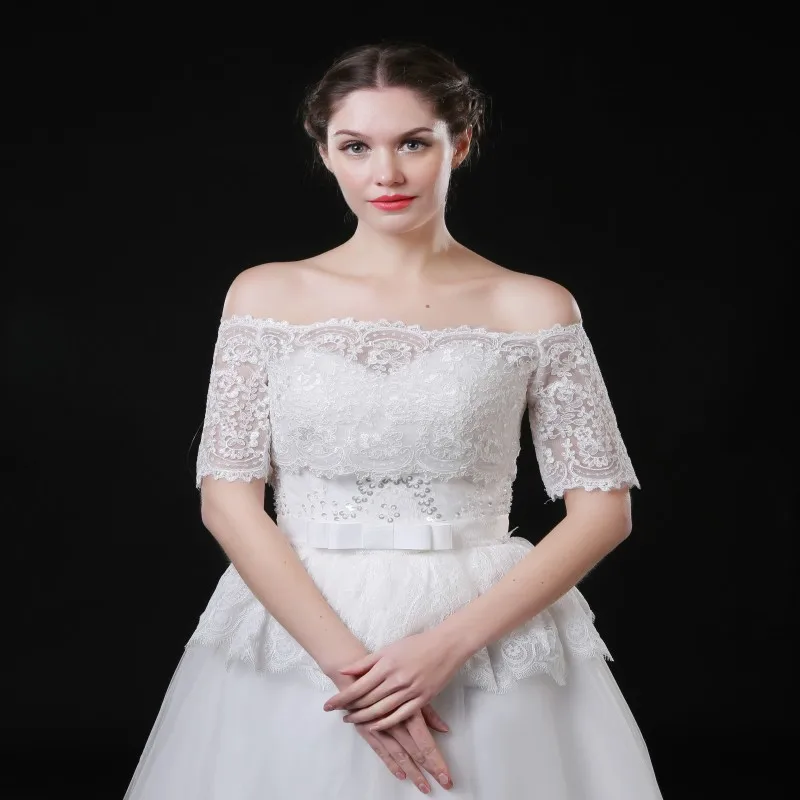 

2018 New Bride Wedding Bolero Jacket Half Sleeve Lace White Ivory Bridal Shawls for Spring Summer In Stock