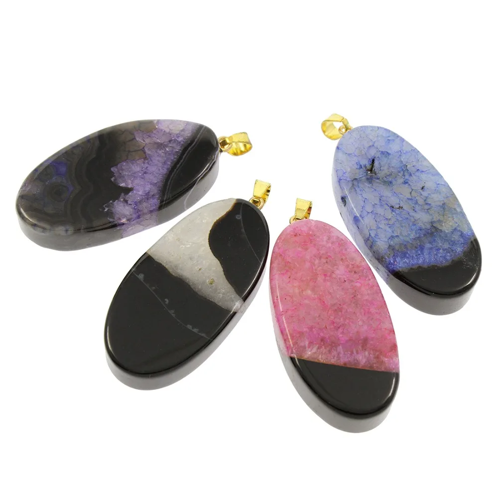 Natural Stone Pendants Flat Oval Mixed Colors Gold Plating Pendants for