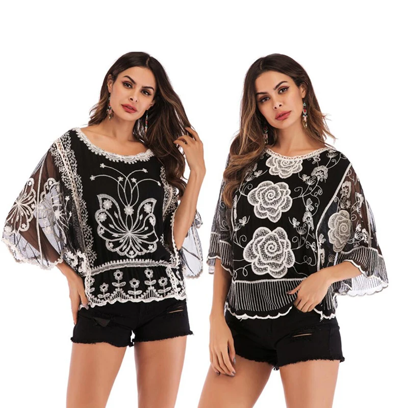 

Street hipster rose and pansy embroidery hollow seven-quarter sleeve bat sleeve round neck pullover loose mesh ladies shirt