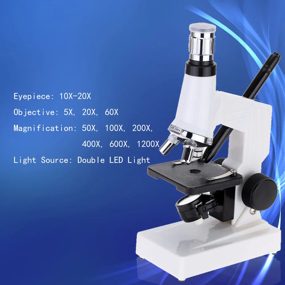 

1200X Educational Microscope Magnifier with LED Light 10-20X microscopio Zoom Eyepiece Entry Level Student Science and Education