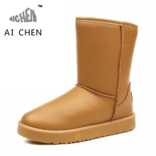 Korean Winter Boots PU Leather Impermeable Snow Boots Women Mid Calf Warm High Boots Bottes Femmes