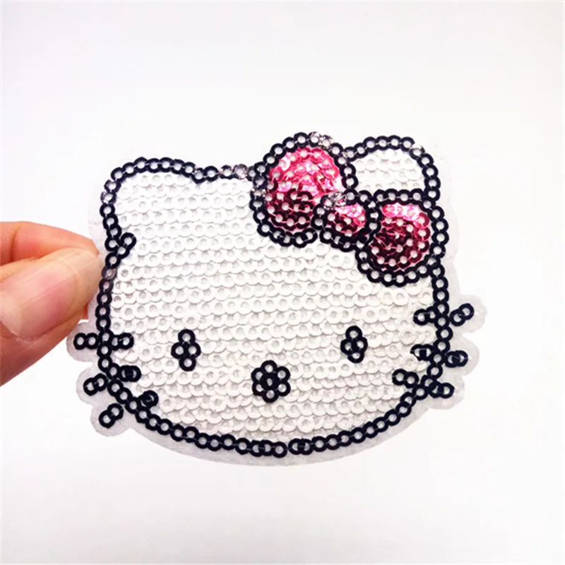 

1Pcs Hello Kitty Sequins Patches For Clothing Iron On Patch Embroidered Appliques DIY Apparel Accessory Sewing Sequins Stickers