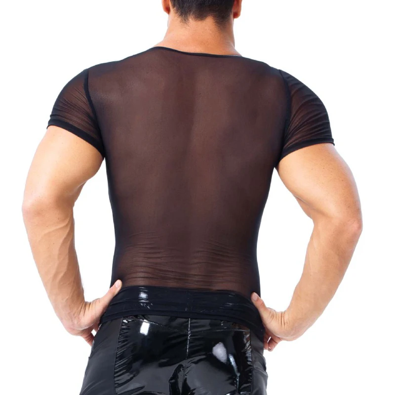 AIIOU мужские s пикантный из искусственной кожи мужская Нижняя Майка сетчатые прозрачные мужские черные футболки тугие рубашки Веселые трусы танцевальная одежда