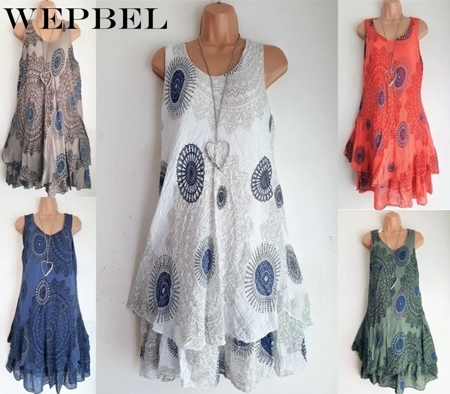 

WEPBEL Women Summer Fashion Double-layer Printed Sleeveless Round Neck Dress Casual Plus Size Loose Sundress