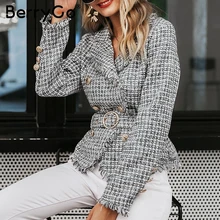 BerryGo, v-образный вырез, двойной плед, кисточка, твид, Женский блейзер, пальто, на пуговицах, с поясом, женские пальто, длинный рукав, верхняя одежда, пальто, куртка