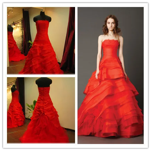Free Shipping Real Sample Red Tiered Organza A Line Wedding Dress with Corset Bridal Gown 2014 | Свадьбы и торжества