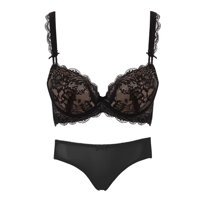Slim Lady Deep V Sexy Bra Set Lace Underwear Women Breathable Wicking Thin Push UP Small Cup Bras Elegant Simple Luxury Lingerie