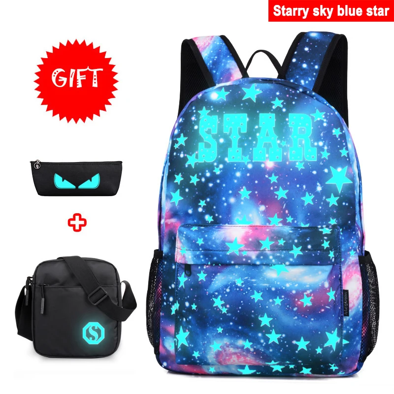 Blue Star 2 Новая Мода Светящиеся школьные сумки аниме мультфильм звездное небо Печать школьный рюкзак мужской USB Противоугонная дорожная сумка - Цвет: Blue Star 2